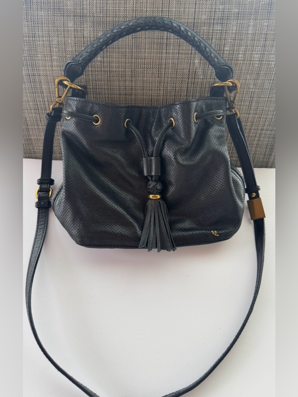 Elliott Lucca Black Leather Crossbody Drawstring Bucket Bag Purse